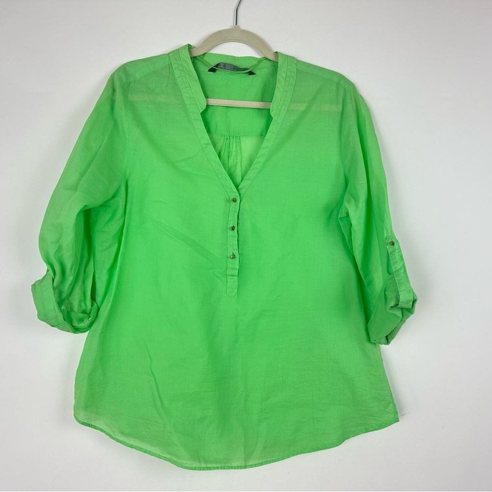 Zara Shirt Womens Medium Lime Green Long Sleeve Foldover 3/4 Button Down